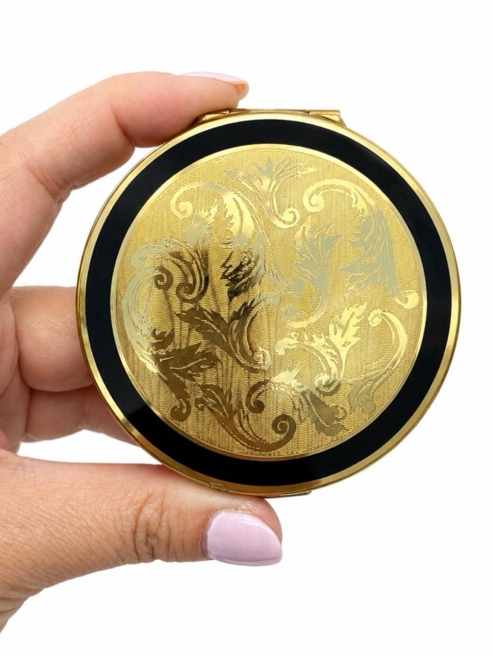 Vintage Stratton Gold Tone Floral Scroll Compact Mirror England Powder Compact